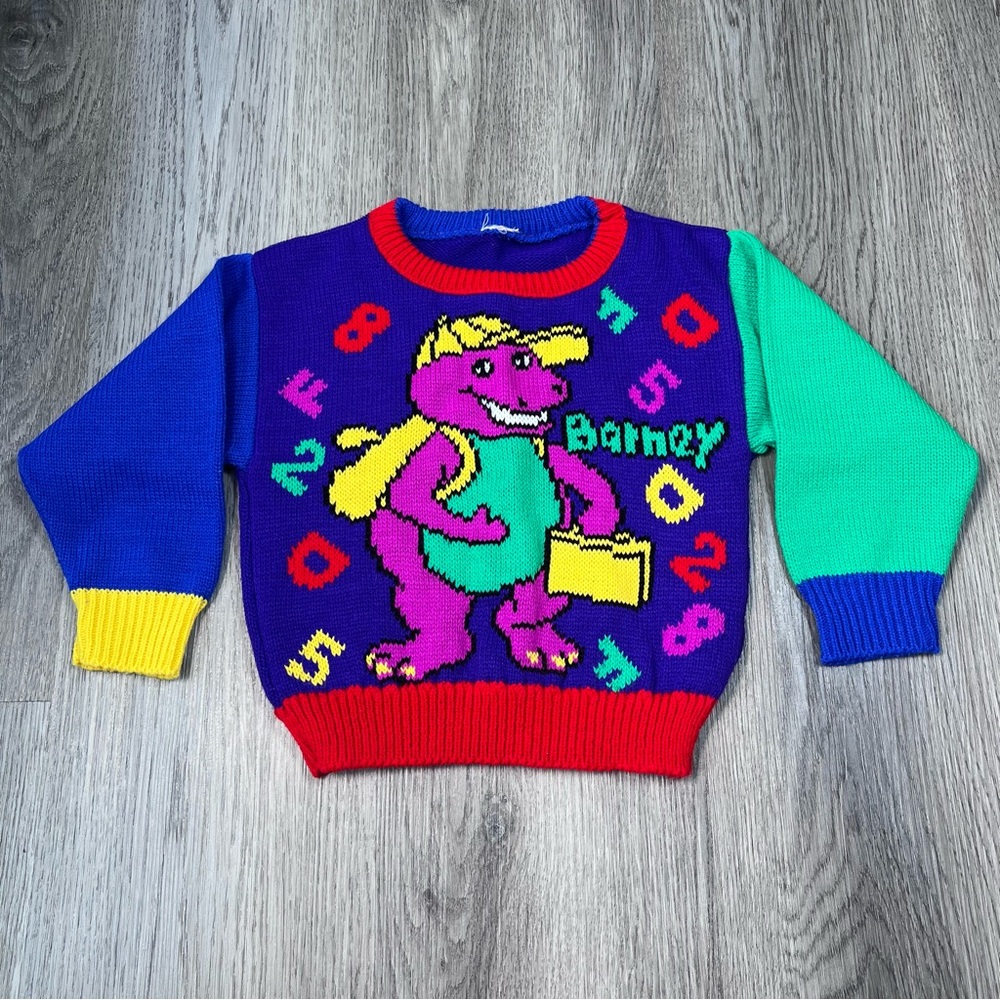 Vintage 1992 Barney the Purple Dinosaur Sweater Blue Yellow Child Size S 2T-3T